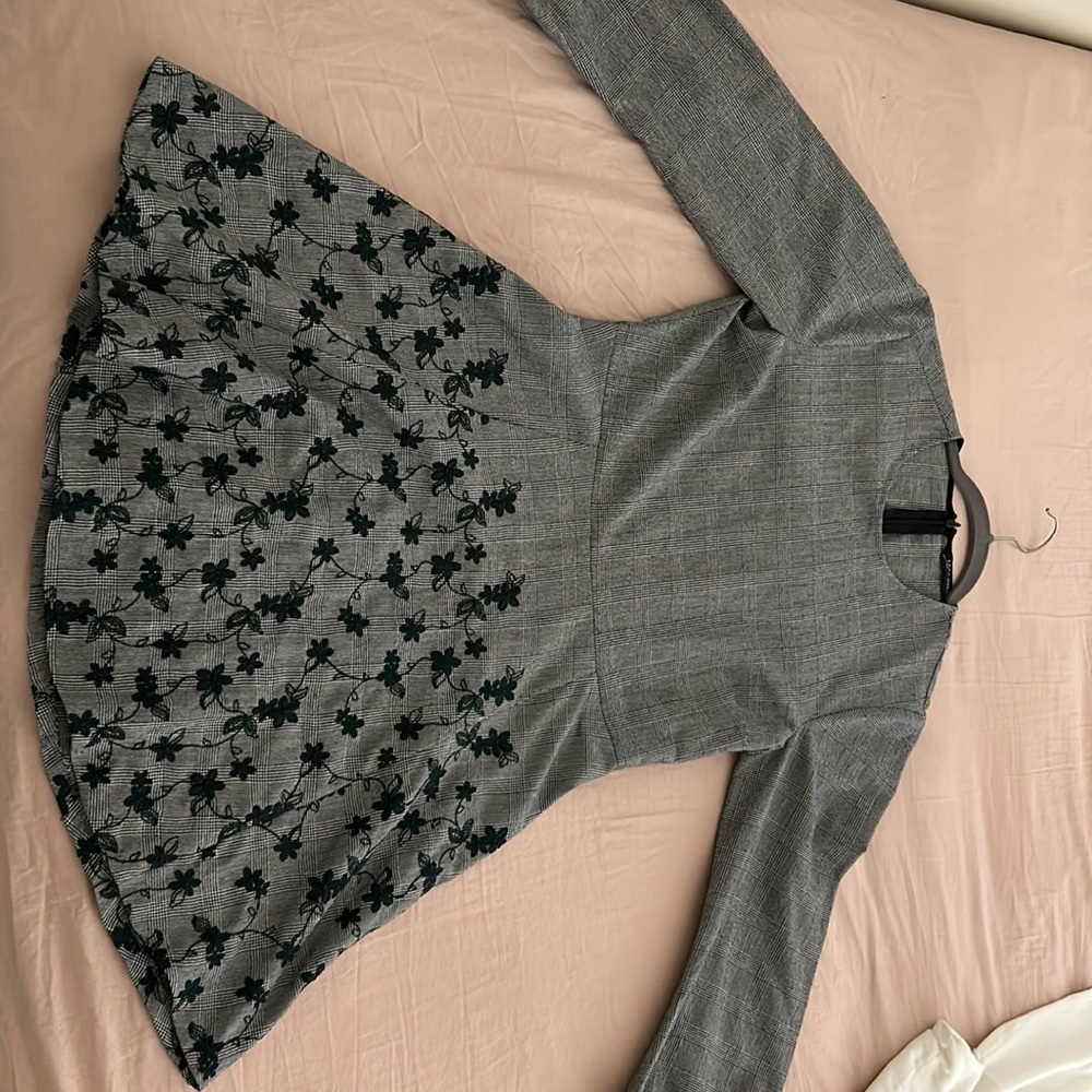 ZARA, modest grey dress with green flowers at the,